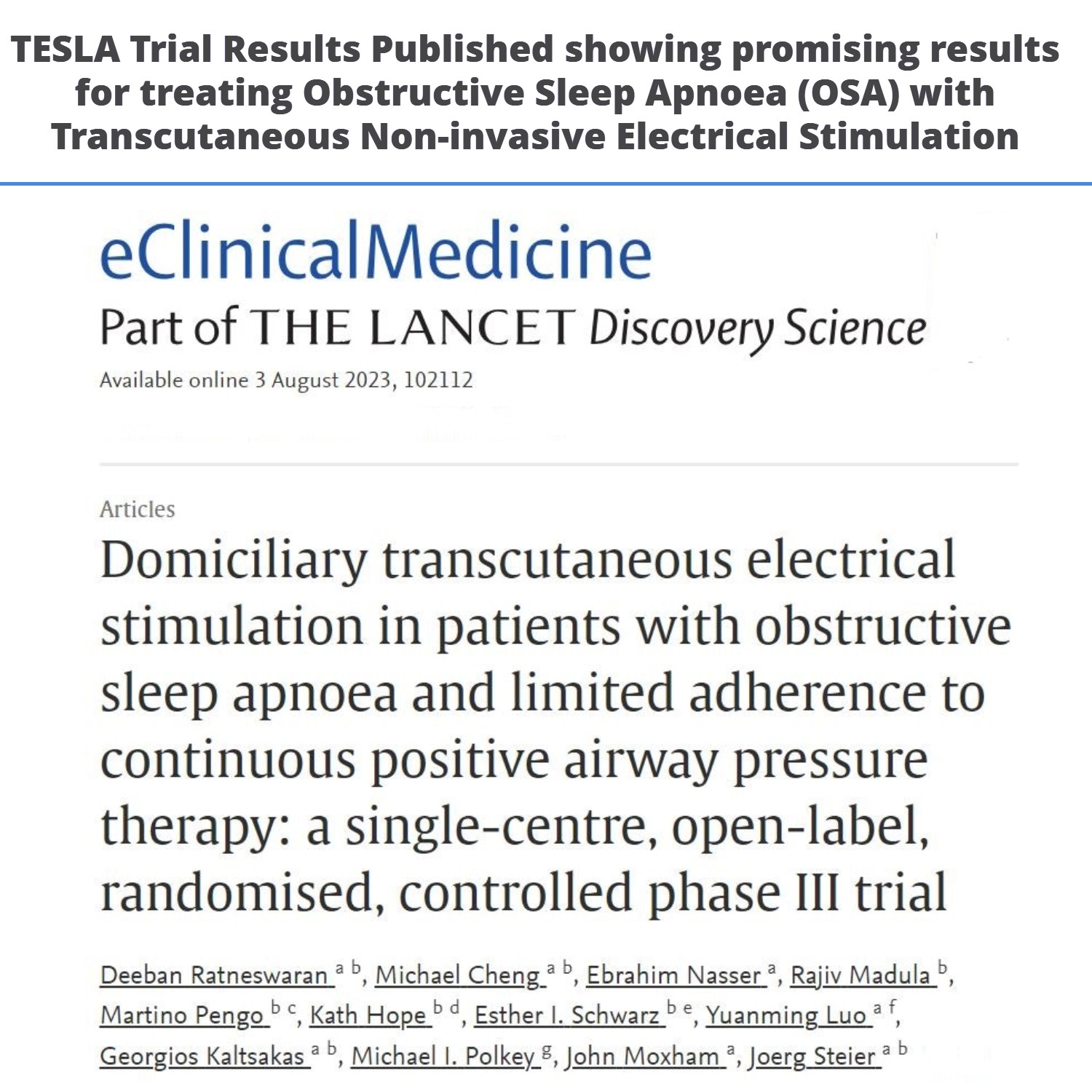 TESLA Trial Results Published for Non-invasive Electrical Stimulation for Obstructive Sleep Apnoea (OSA)